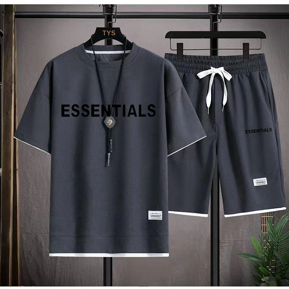 Summer Men's Set Waffle Sports Shorts Cool and Breathable Round Neck T-shirt Outdoor Jogging Too Strong Home Casual Two Piece Se