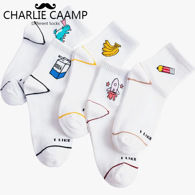 

Женские хлопковые носки на все сезоны, новинка, модные женские носки-карандаш средней длины в стиле Харадзюку с динозавром, белые женские жа...