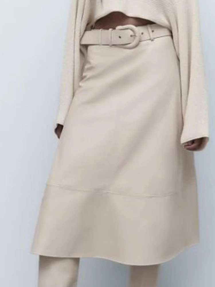 

Женская юбка средней длины Kumsvag, повседневная Однотонная юбка из искусственной кожи с поясом, до колен, элегантная уличная одежда на осень ...