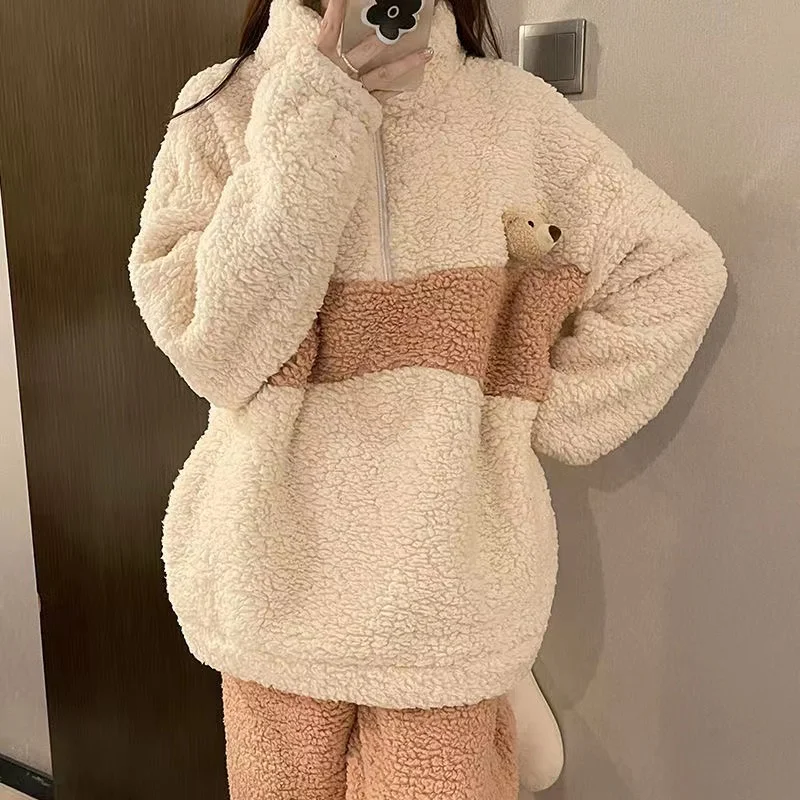 2022 New Pajamas Set For Women Thicken Warm Flannel Pyjamas Suit Coral Fleece Sweet Cute Flannel Winter Homewear Home Clothes