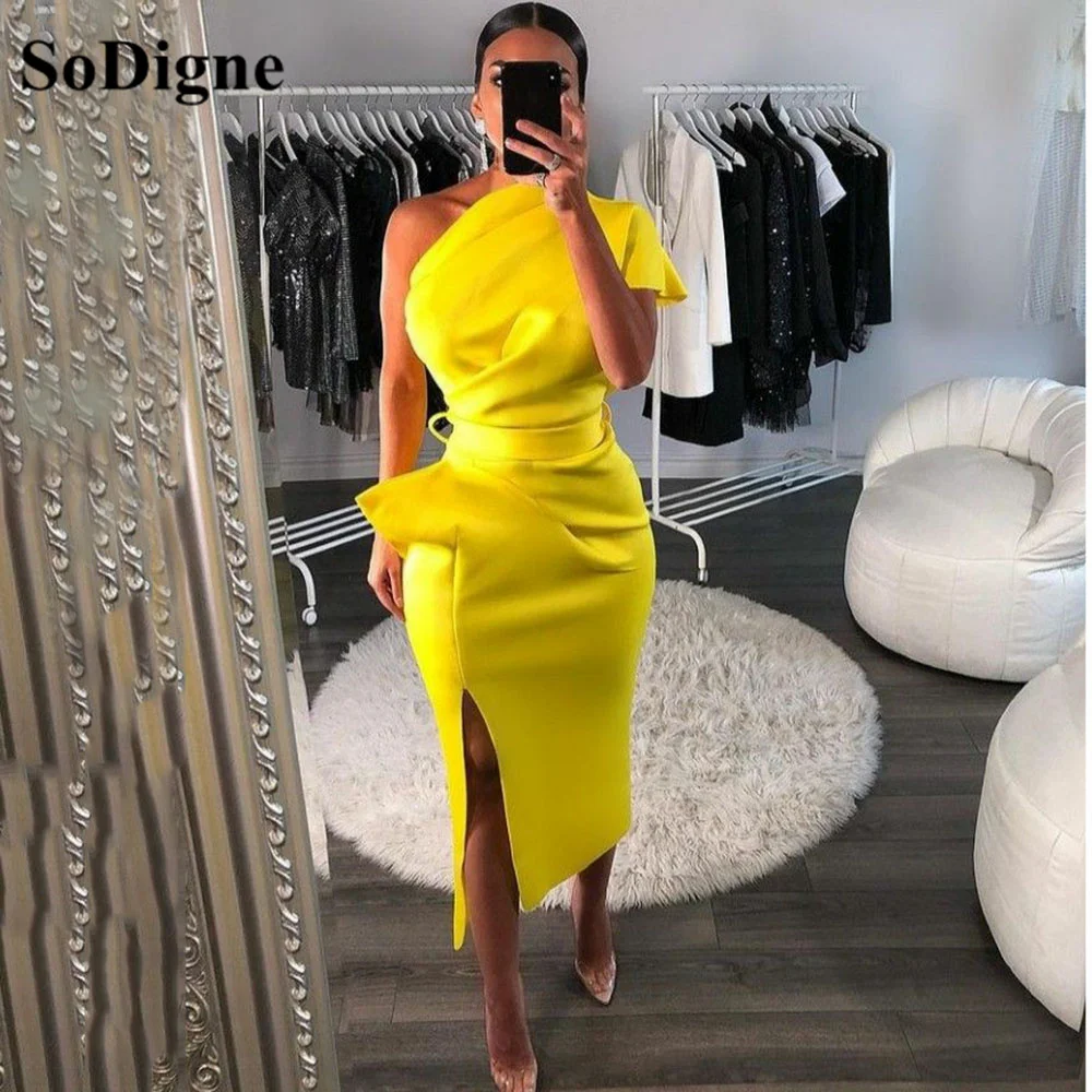 Купи SoDigne Yellow One Shoulder Short Cocktail Dress Side Split Satin Lady's Dress Mermaid Formal Party Prom Gowns Tea Length за 4,748 рублей в магазине AliExpress