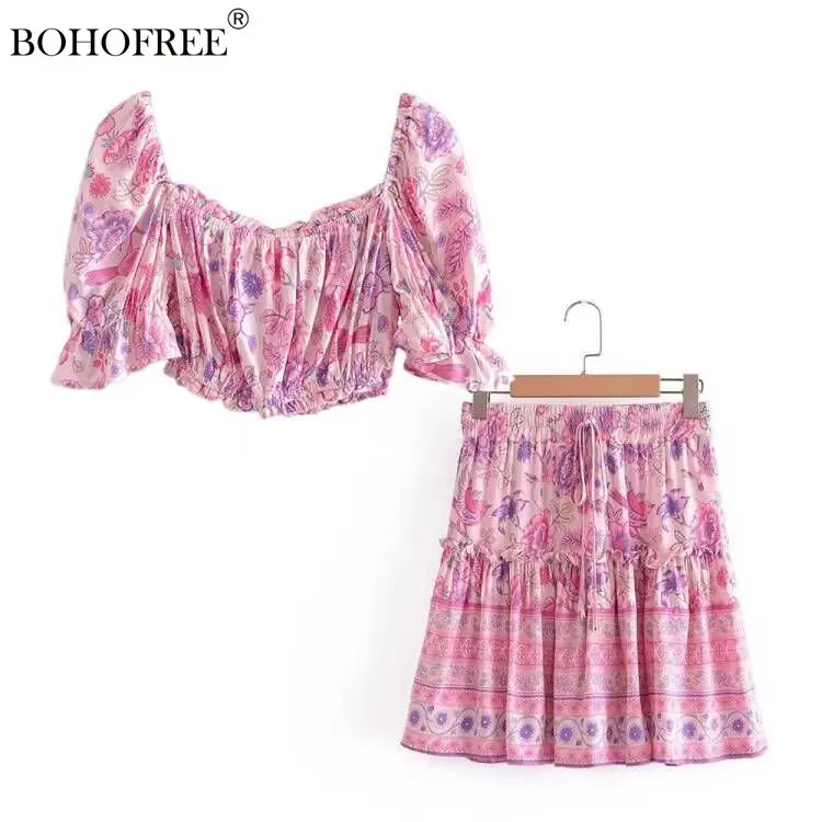 

Женский винтажный комплект из юбки и топа, Повседневный хлопковый комплект с вырезом лодочкой и рукавом 3/4 в стиле бохо