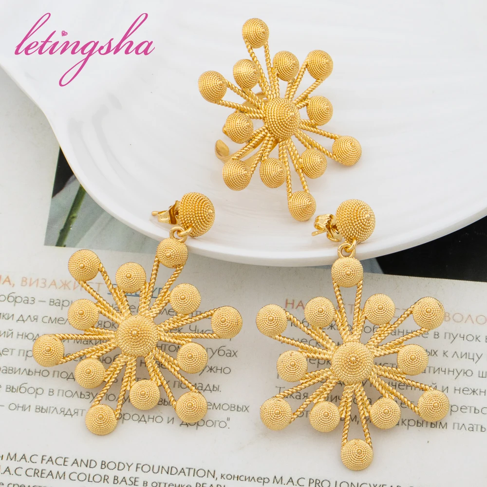 

Ethiopian Dubai Gold Color Luxury Jewelry Sets Earrings and Ring Fashion Classic Snowflake Jewelry Set Women Wedding Party Gifts