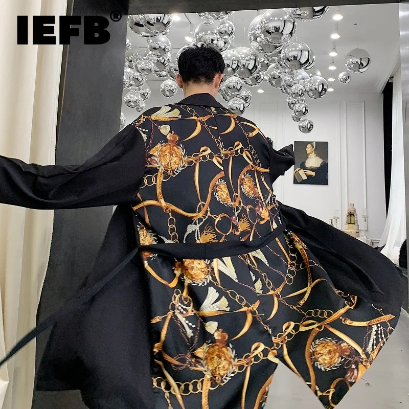 

Длинный мужской тренчкот с отложным воротником IEFB, модный темпераментный тонкий осенний тренчкот 2023 с поясом, корейские модные мужские топ...