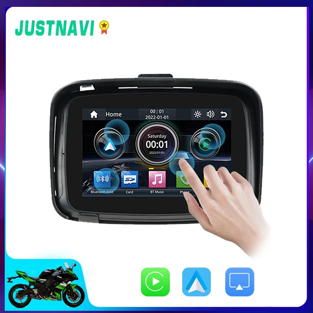 

5-дюймовый моторный навигатор JUSTNAVI с поддержкой CarPlay для мотоцикла и Android Авто GPS DVD сенсорный уличный IPSX7 водонепроницаемый навигатор BT