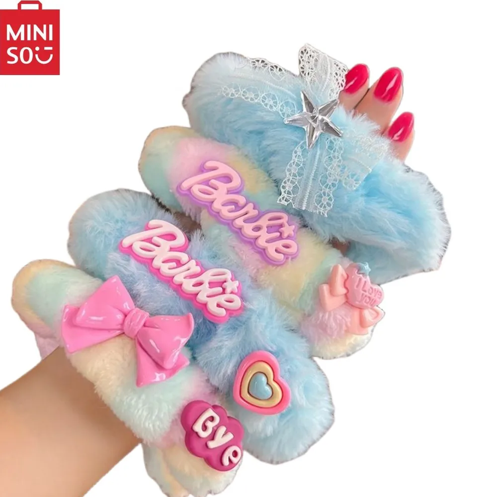 

Miniso Barbie Series Anime Kawaii Girls' Hair Band Plush Illusory Color Large Intestine Sweet Tying Hair Fluffy Headwear Gift