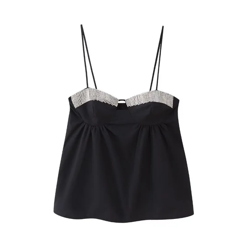 

2023 New Women Beaded Poplin Strap Top Fashion Sleeveless Black Short Top Fashion Sexy Holiday Street Style