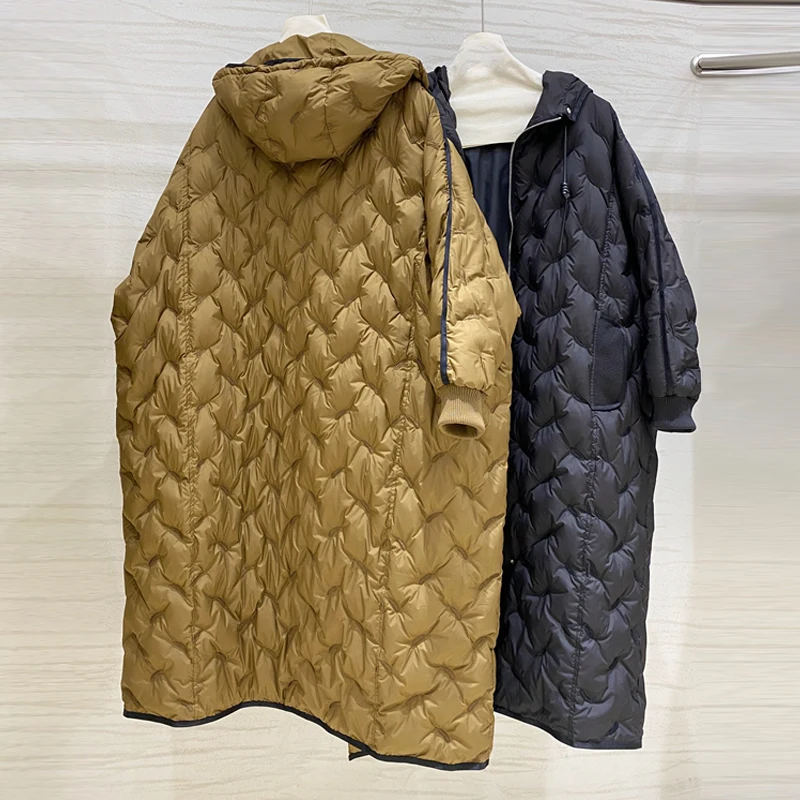 Luxury Women Winter Embroidery Long down jacket 2022 New Hooded Brown Oversized Hooded Puffer jacket Black overcoat INKEO 2O099