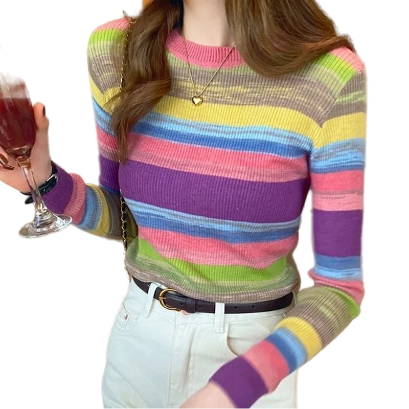 Rainbow Striped Women Sweater Autumn Elegant Stretch Slim Crew Neck Sweater Urban Style Girl Tight Tight Warm Knitwear New Trend