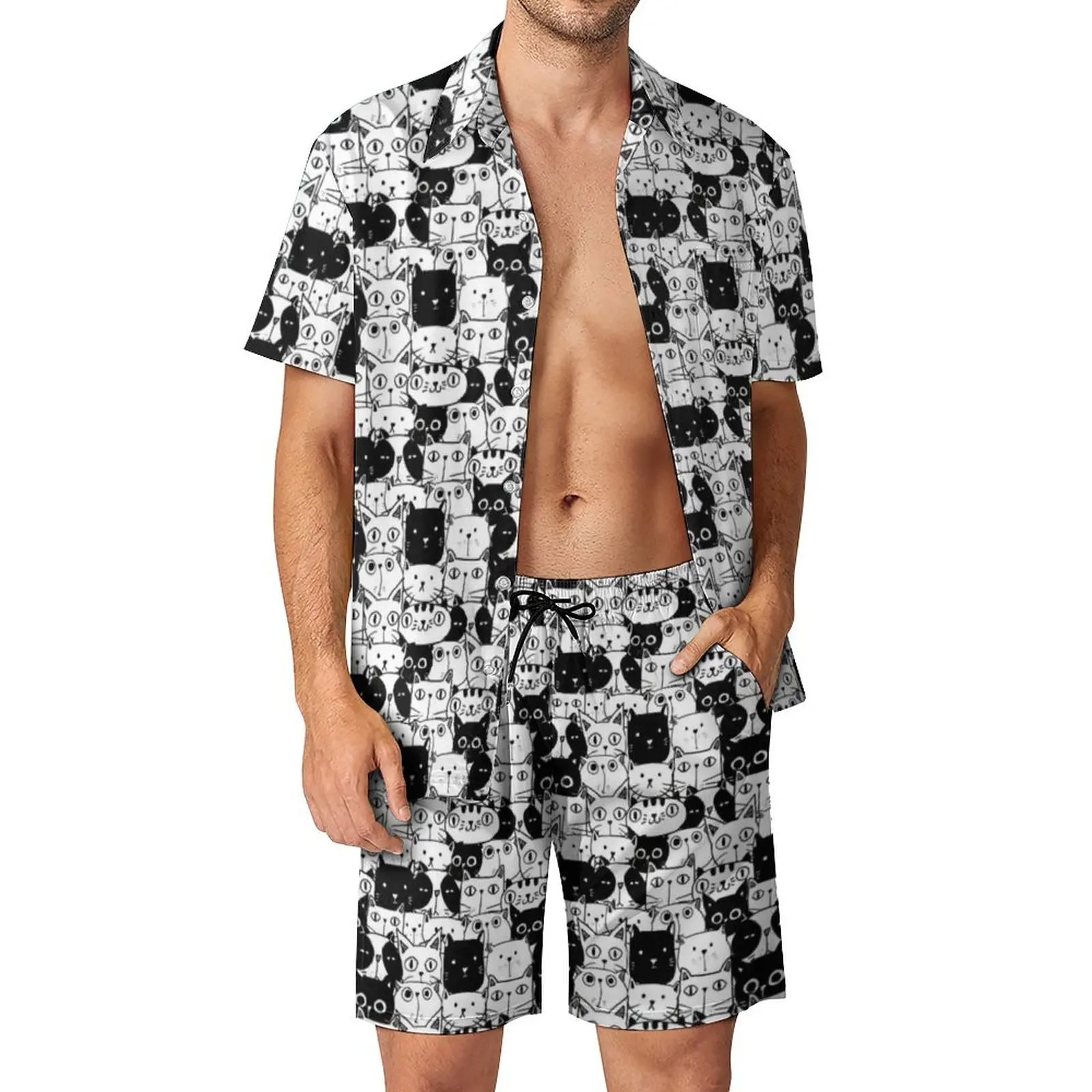 

White And Black Cat Men Sets Cute Animal Meme Casual Shirt Set Novelty Beach Shorts Summer Suit 2 Piece Big Size