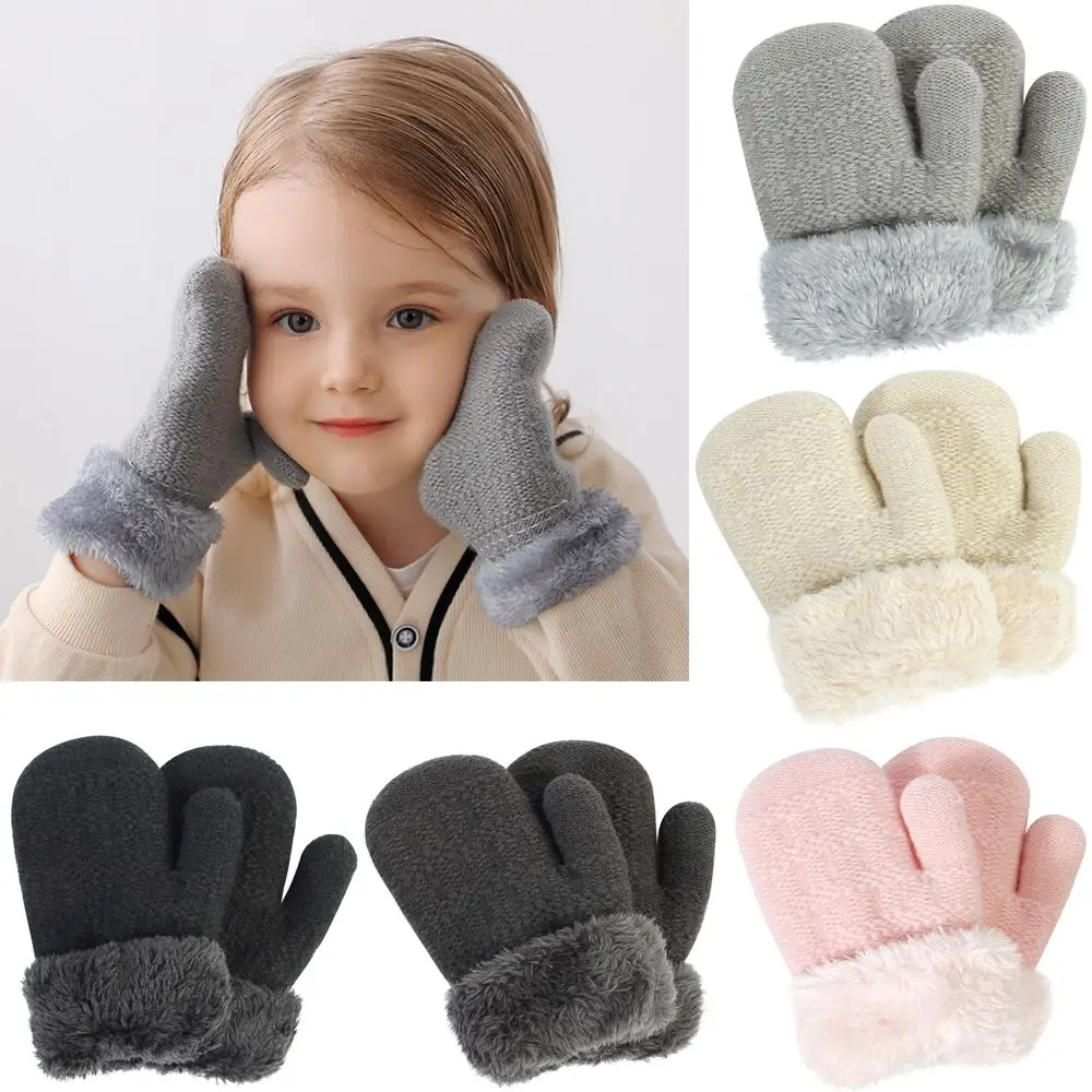 

Зимние плотные милые Мультяшные теплые вязаные варежки с пальцами плюс бархатные детские перчатки с пальцами