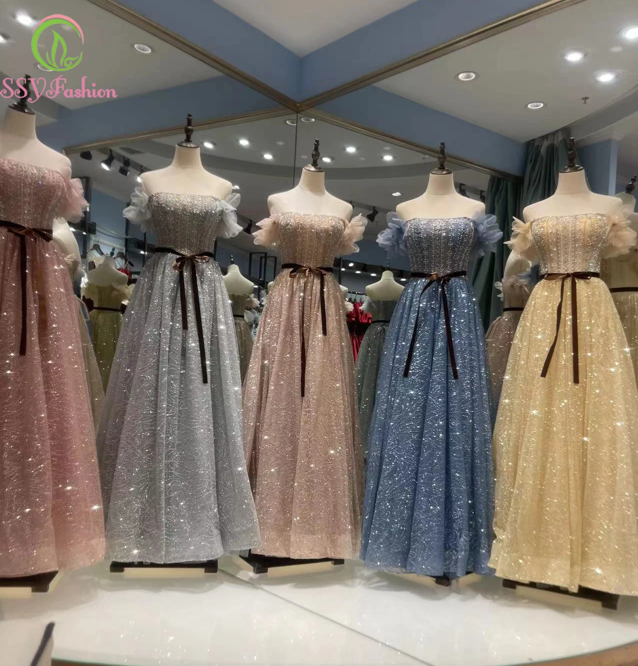 

SSYFashion Luxury Banquet Evening Dress for Women Strapless A-line Pearls Sequins Beading Glittering Party Formal Gowns Vestidos
