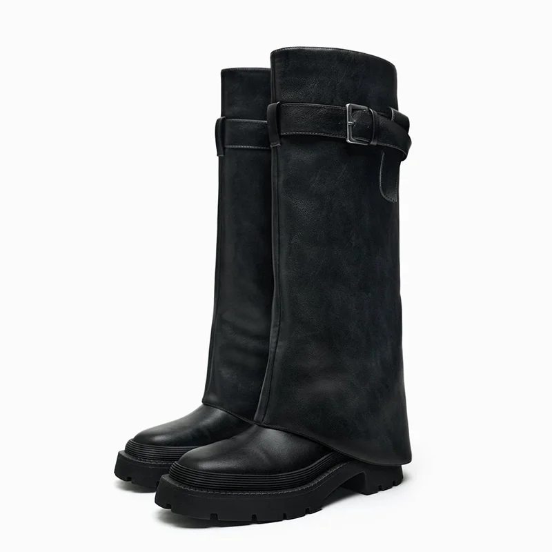 Женские сапоги до колена в стиле панк модная обувь с пряжкой на ремне