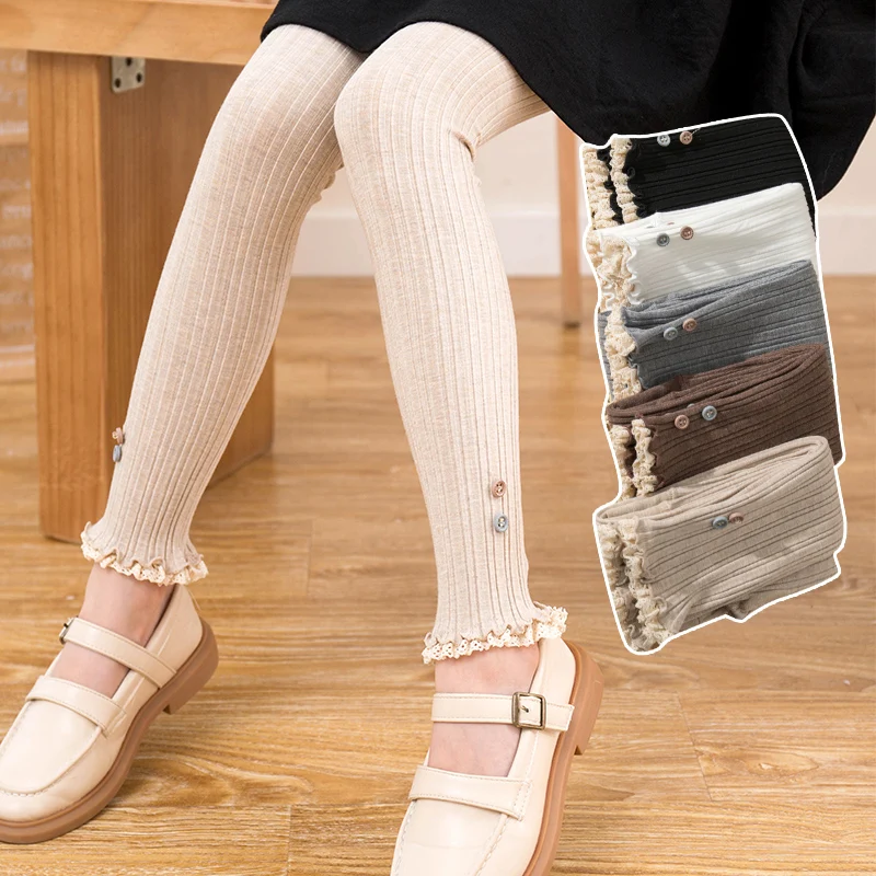 

1-15Year baby Girl Cotton Vertical Stripes tights Two-color Button Lace Child Leggings Spring Autumn kids Cropped Pants trousers