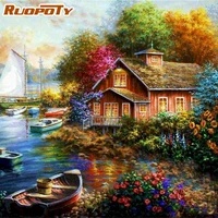 ruopoty painting by numbers for adults children handpainted river chalet scenery oil picture by number 60x75cm frame on canvas
