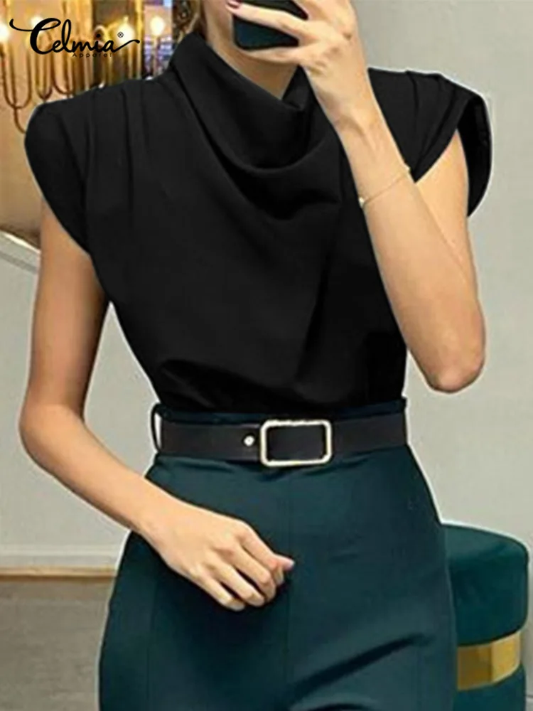 

Celmia Pressed Pleats Fashion Tank Tops Elegant Women Thin Tunic Chic Solid Color Blusas Pile Collar Summer Sleeveless Blouses