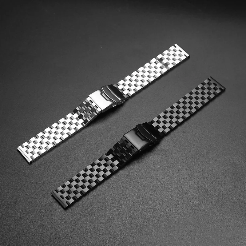 22mm 20mm Silver/Black Stainless Steel Solid Link Watch Band Strap Folding Clasp with Safety Men Replacement Correa De Reloj