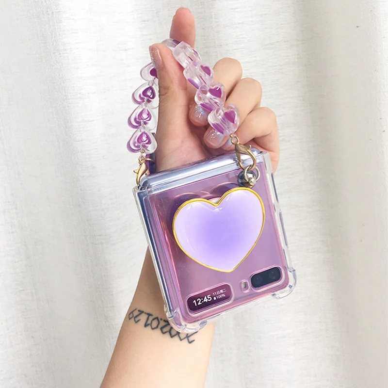

Purple Holder Phone case For Samsung Galaxy Z Flip 3 Love Bracelet Chain Clear Shockproof Z Flip Cover