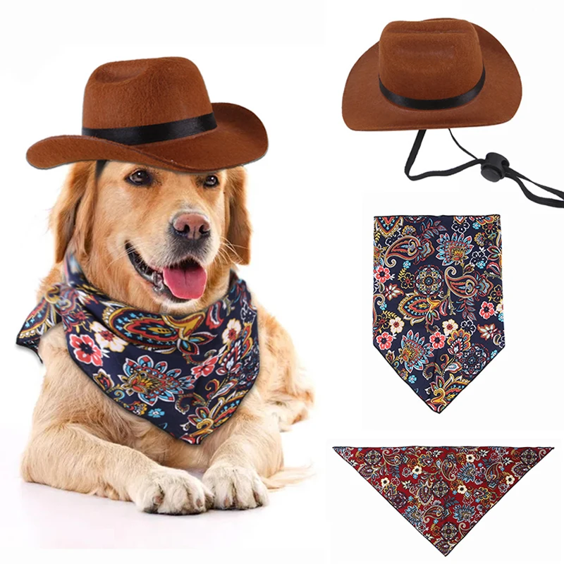 

Dog Cat Western Cowboy Hat Cute Photo Prop Retro Funny Pet Hats Dog Cap Triangle Scarf Universal Christmas Party Pet Accessories