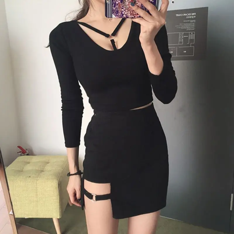 

Lady High Waist Hollow Out Asymmetric Solid Colors Metal Ring Deco Package Hip Skirt Women Summer Cotton Sexy Mini Pencil Skirt