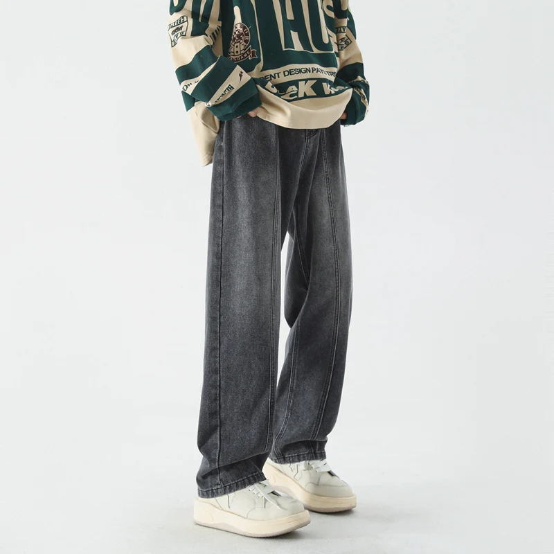 CAAYU New Korean Fashion Jeans Men's Hip Hop Classic Japanese Streetwear Straight-leg Denim Wide-leg Pants Male Black Gray Jeans