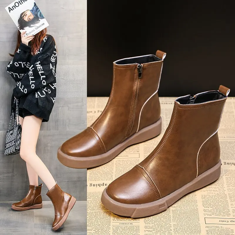 

2022 New Winter Plush Keep Warm Ankle Boots Women Fashion Side Zipper Round Toe Flat Comfortable Plus Size Casual Ladies Shoes