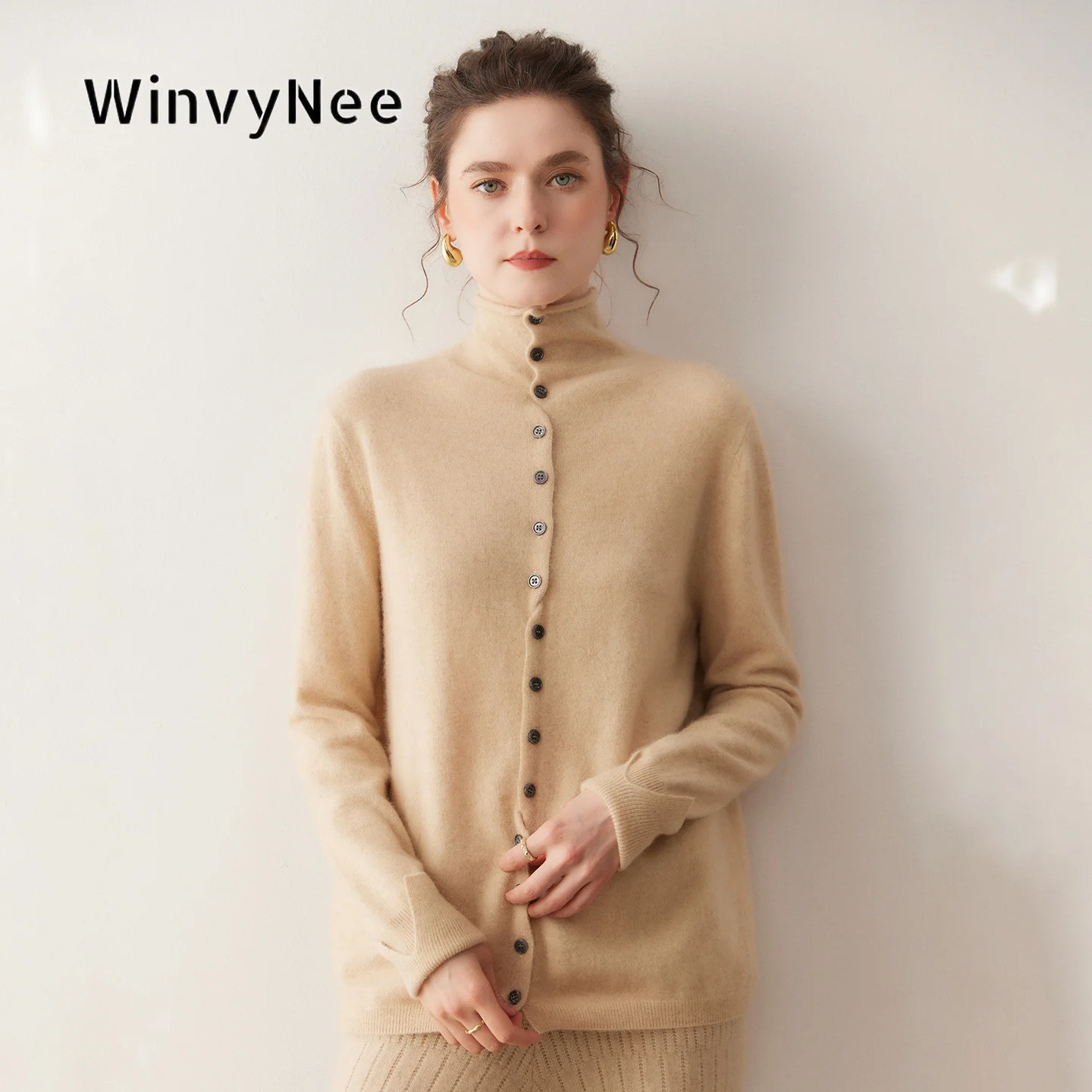 Фото Женский кардиган WinvyNee из тонкой шерсти на пуговицах, теплый, мягкий, шелковистый, свободного кроя, минималистичный, элегантный, для холодной погоды, на каждый день B1654018 №5