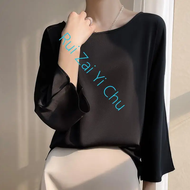 

Female Spring/summer 2023 Round Neck Cropped Sleeves Loose and Versatile Simple Fashion Short-Sleeved Mulberry Silk Blouse