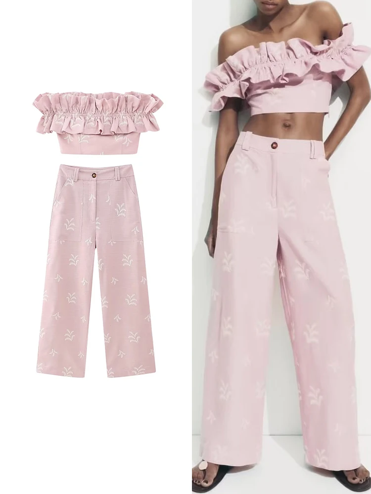 

Женский офисный комплект с топом и длинными брюками, плиссированный укороченный топ с вырезом лодочкой и высокой талией, лето 2023