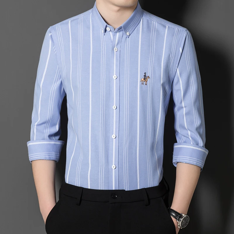 New Men's Oxford Stripe Shirts Autumn Long Sleeve Fashison Business Formal Man Shirt Without Pocket Regular Fit Social Clothes