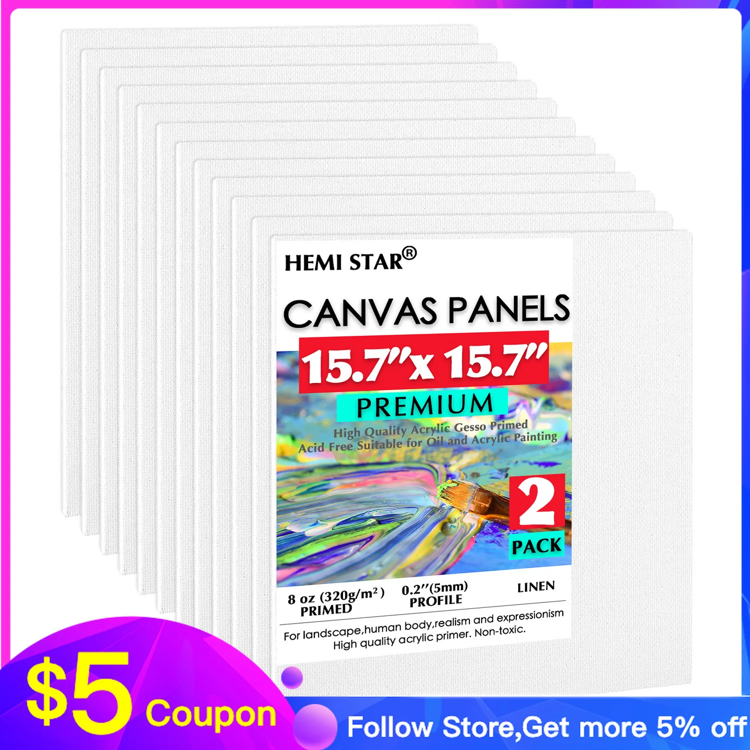 

Painting Canvas Panels Linen 2-pcs Artist Canvas Boards for Painting, 40x40cm-15.7x15.7in Primed White Canvas for Acrylic,Oil