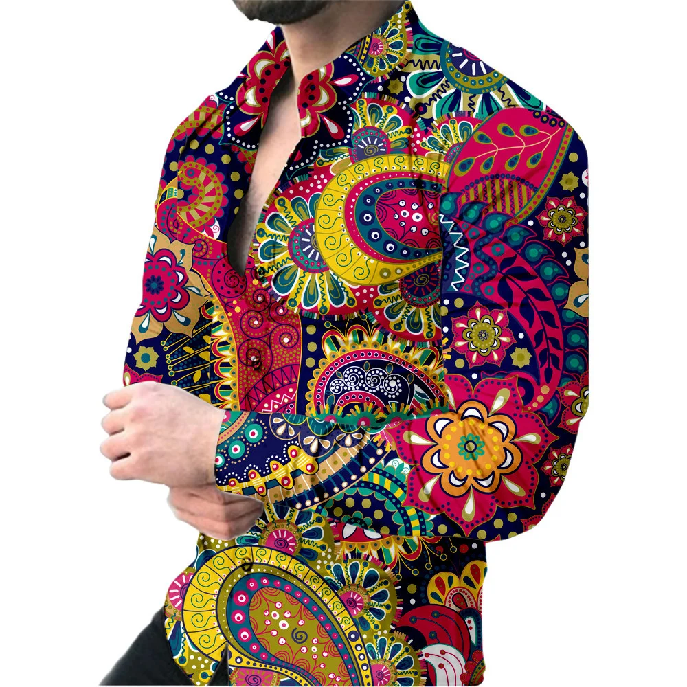 2023 New Fashion Tribal Casual Retro Men's Top Lapel Long Sleeve Spring Summer Quality Fabric Soft Comfortable Plus Size Spring