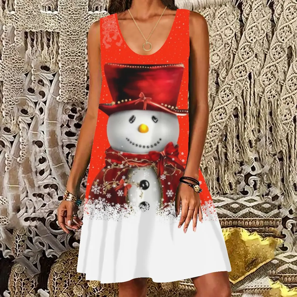 

XXS-10XL Oversized Women's Summer New Christmas Print Round Neck Sleeveless Casual Loose Dress