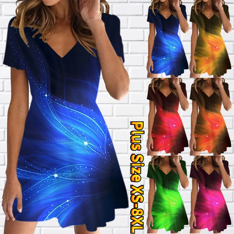 

2023 Fashion Knee-length Skirt V-Neck Casual Slim Dress Summer Women New Design Printing Loose Size Short Sleeve Skirt XS-8XL