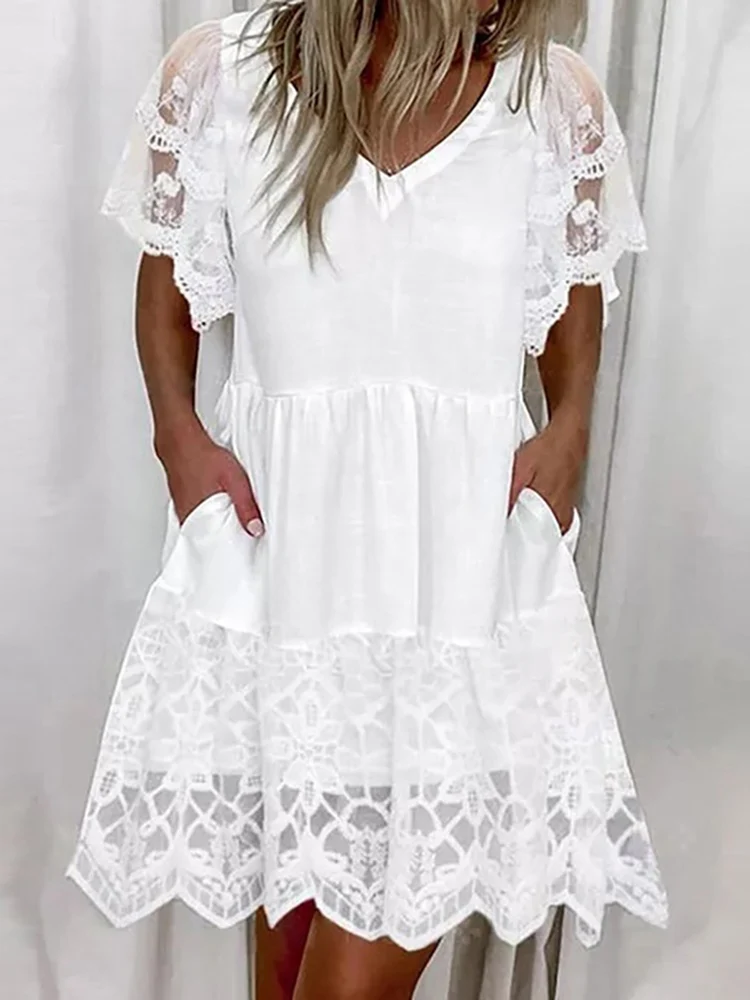 

ZANZEA Elegant Women's Sundress Summer Lace Crochet Party Dress Stylish V Neck Short Sleeve Holiday OL Midi Vestidos Robe Femme