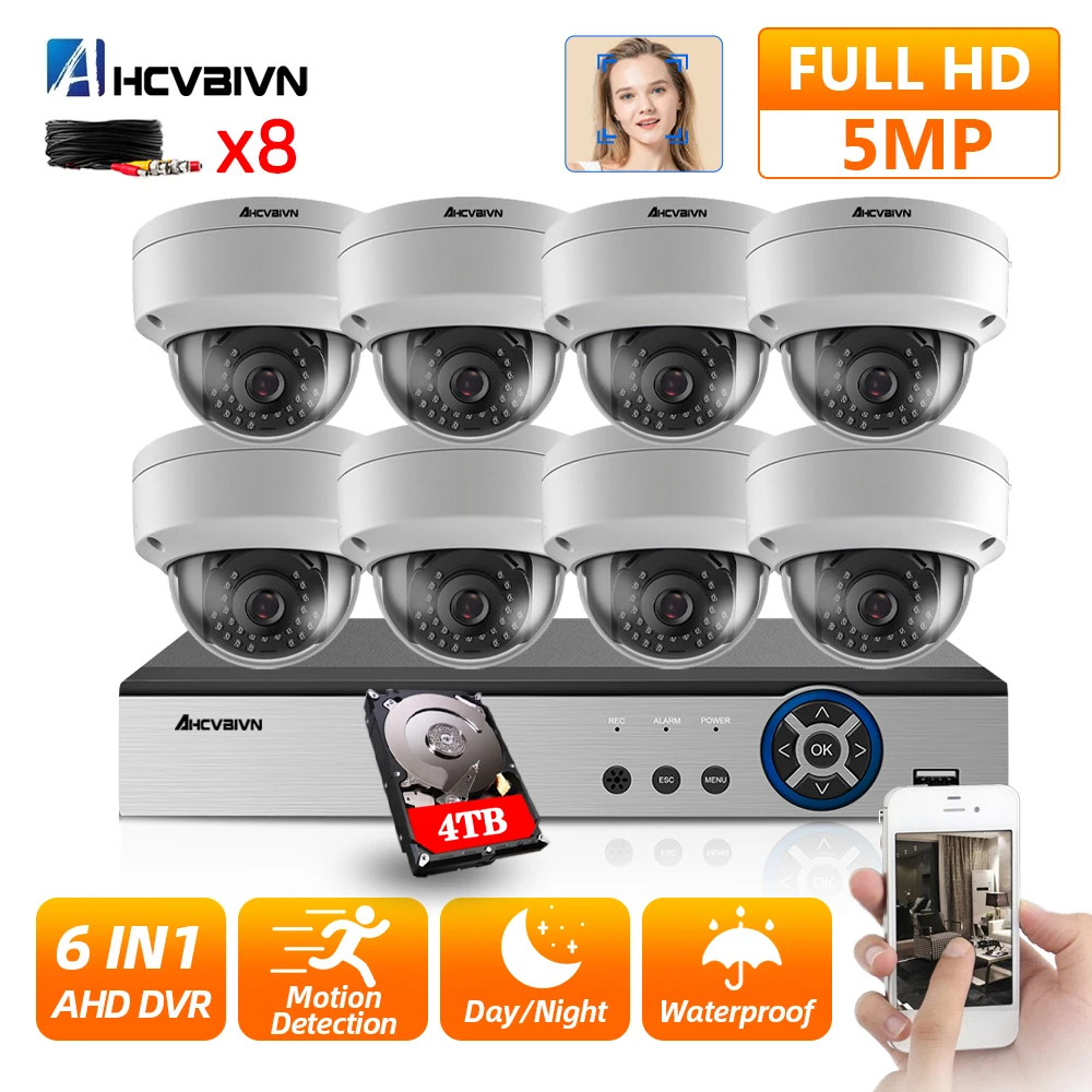 

8ch AHD DVR Kit 5MP Outdoor Waterproof AHD Dome Sercurity Camera System Face Detection CCTV Video Surveillance System Set 4Ch