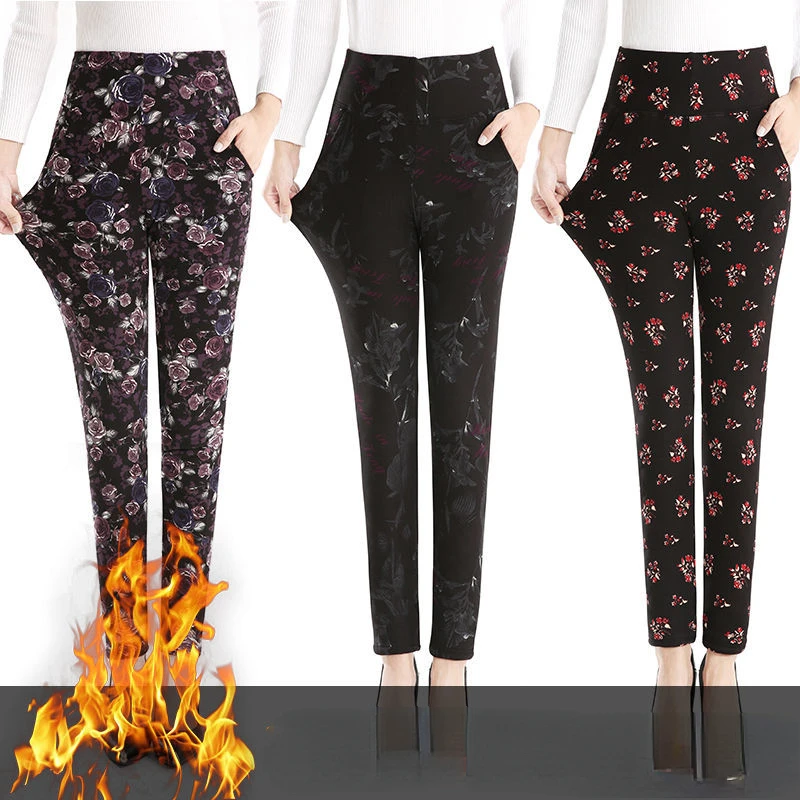 

2022 Middle-aged Elderly Women's Winter Cotton Pants New Print Velvet Warm Grandma Pants Loose Female Casual Skinny Trousers J40