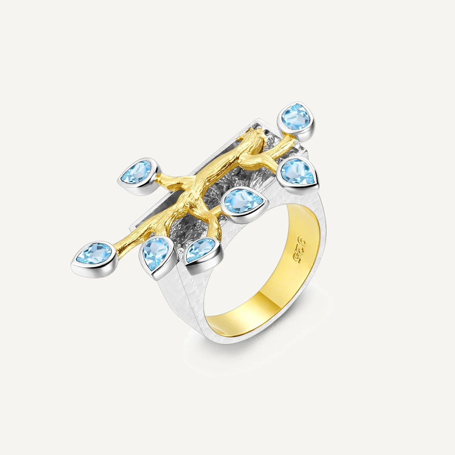 

GEM'S BALLET Handmade Madagascar Forest Rings Natural Swiss Blue Topaz Women's Cocktail Ring 18k Gold Over 925 Silver Two Tone