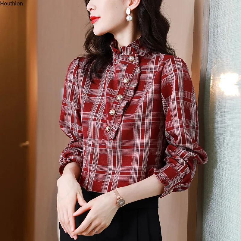 

Женская блузка, новая клетчатая рубашка, Модный повседневный Топ с длинным рукавом, воротник с листьями лотоса, Весенняя женская одежда, ...