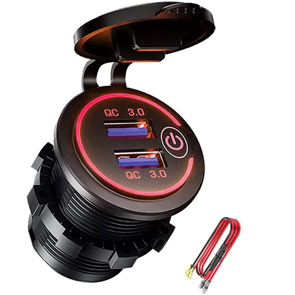 QC 3.0 Dual USB Charger Socket,Waterproof 12V/24V USB Outlet with Touch-Switch for Car, Marine,Boat,RV,Motorcycle,Red