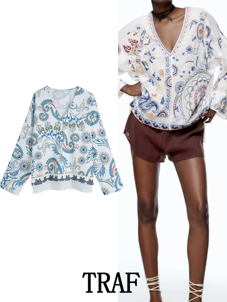 

Женская Свободная блузка с цветочным принтом, длинным рукавом и V-образным вырезом