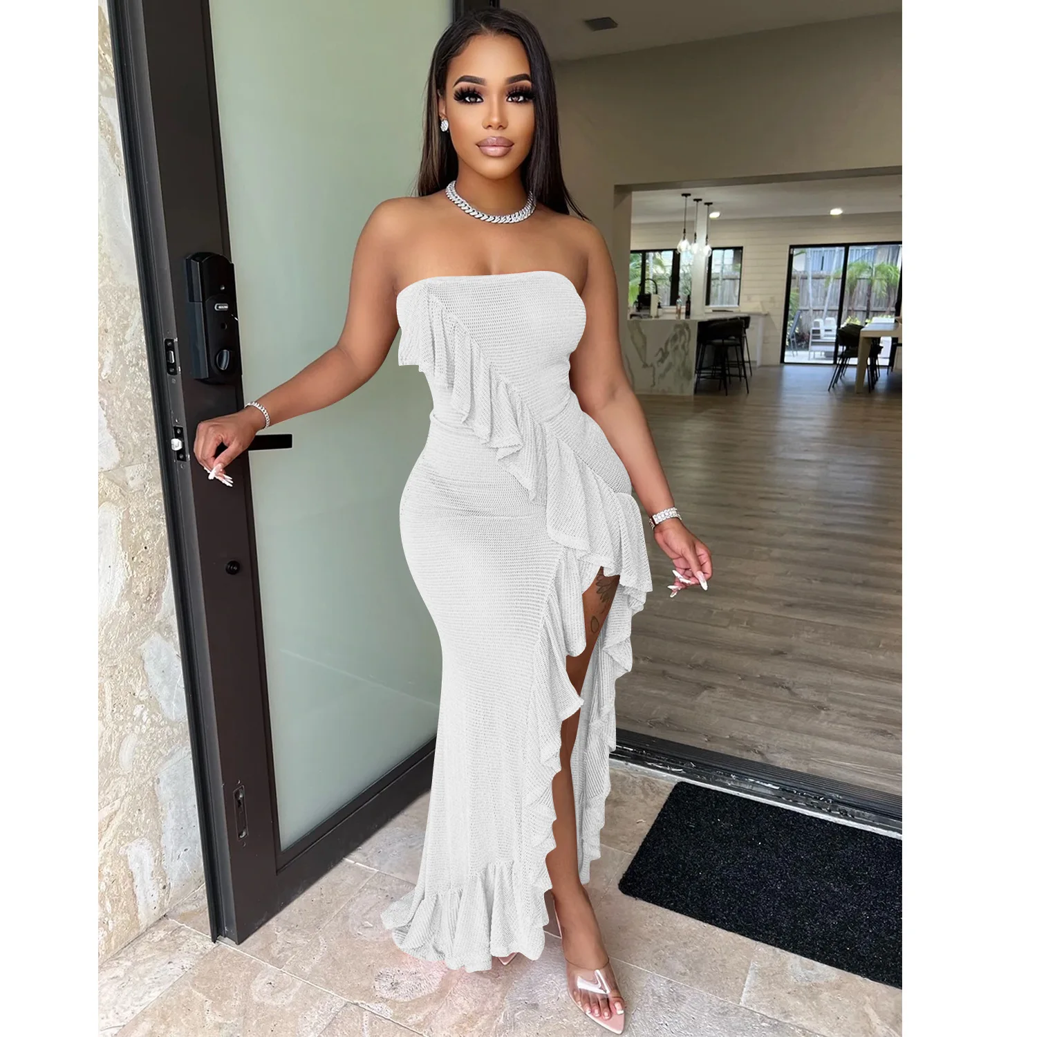 

Tuxedo Skirt European And American Summer Fashion Sexy Strapless Irregular Ear Edge Split Long Skirt Women's Elegant Dress