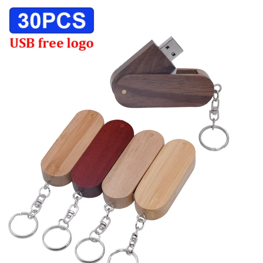 30PCS USB 2.0 flash drive Free Custom logo wooden rotatable Pen drive 4GB 8GB 16GB 32GB 64gb walnut memory stick Creative gift