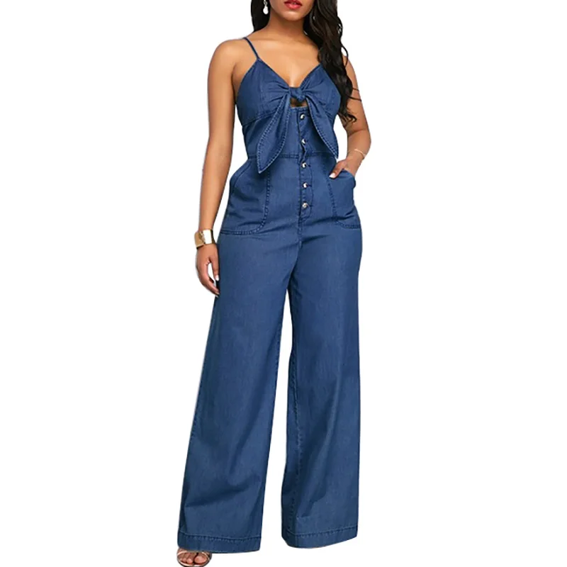 Summer Women's Denim Jumpsuit Sexy High Waist Wide Leg Long Pants Romper Front Tie Knotted Jeans V-neck Overalls 2021 Playsuits