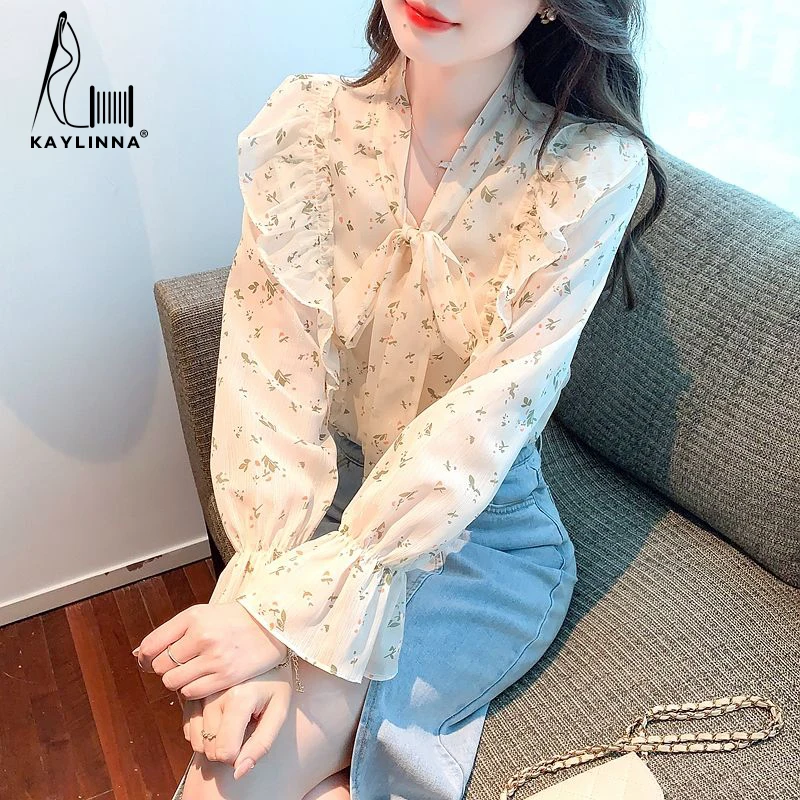 KAYLINNA Autumn Elegant Blouses Women's Office Lady Shirts Printing Tops Lace-up Bow Long Sleeve Top Looses Pullover Clothing