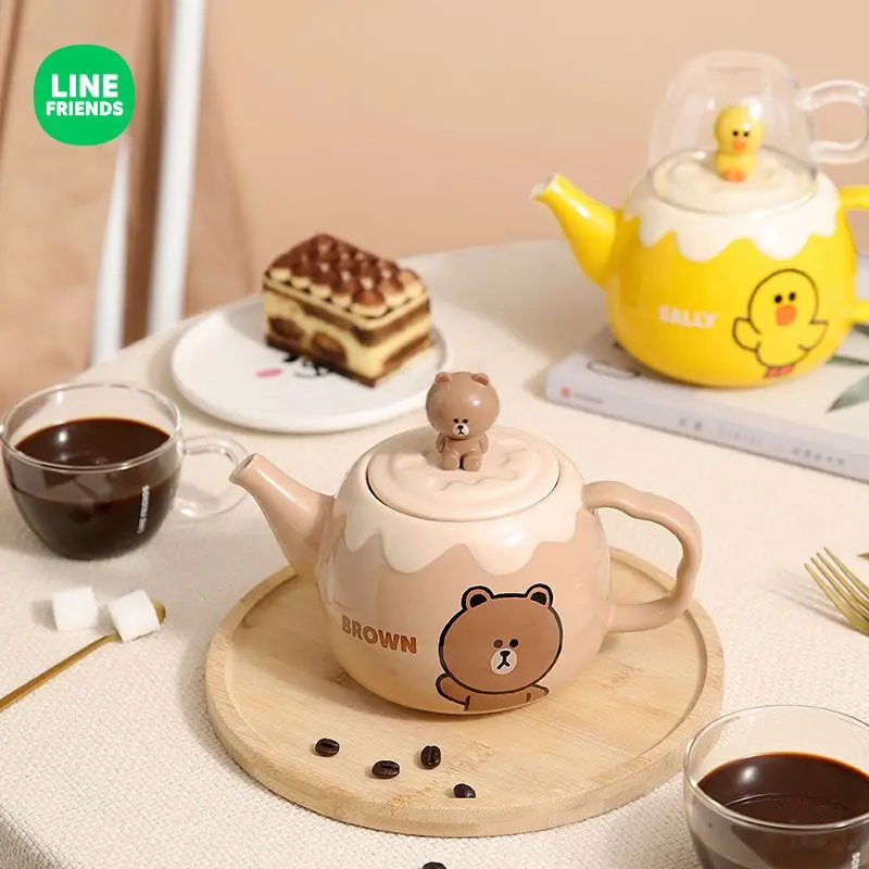 

Line Friends Ceramics Kettle Brown Bear Coffee Pot Insulation Cup Glass Set Tea Container Household Kitchen Kawaii Decor Gift
