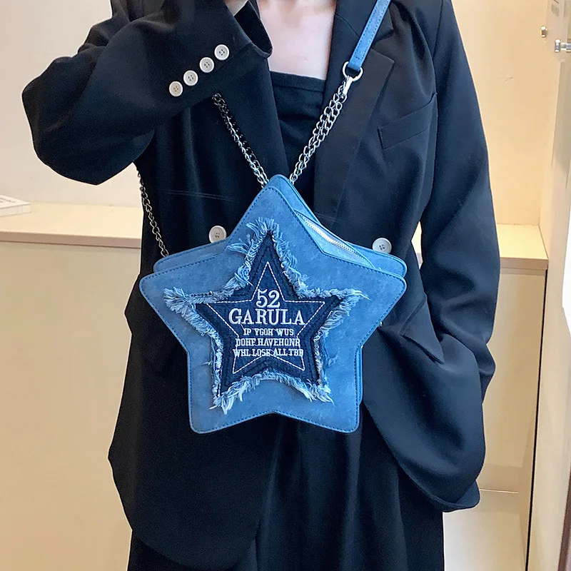 Creative Pentagram Backpack Women New Embroidered Letter Backpack Fashion Denim Shoulder Bags Commuter Storage Satchel Versatile