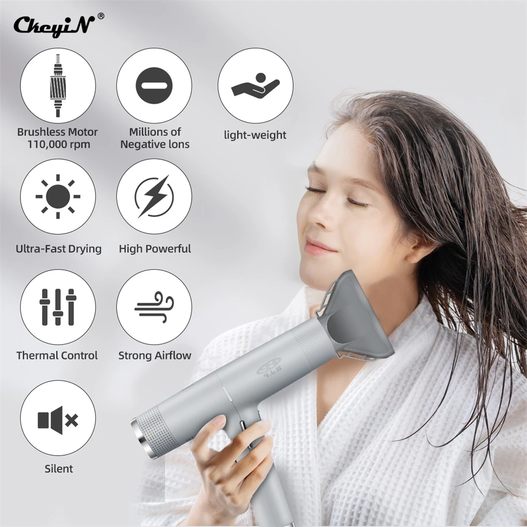 CkeyiN Professional Hair Dryer Negative Ion 3 Speeds Hot Cold Air Blow Dryer with Diffuser Low Noise Powerful Brushless Motor enlarge