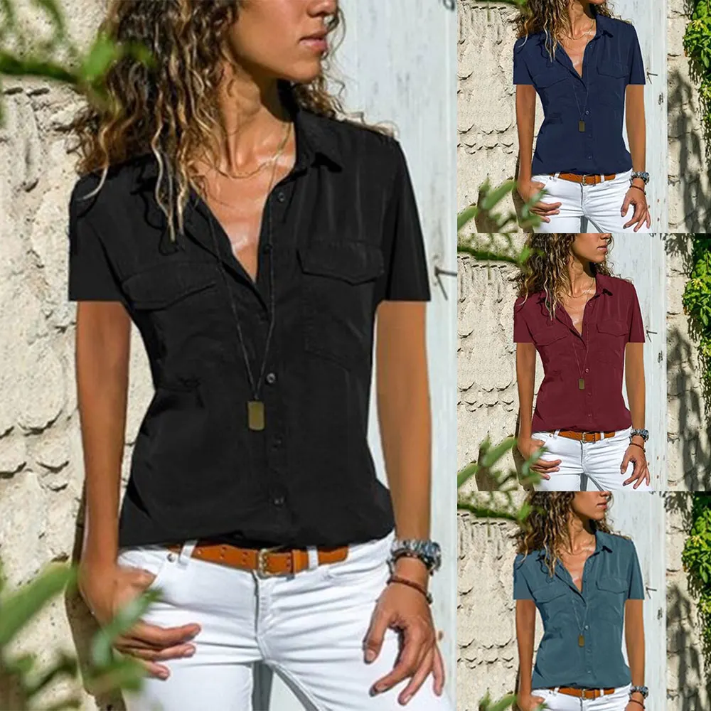 

Hot Selling Women's Short Sleeve Shirt Button Down Blouse Collar Tops Solid Color for Summer Woman's Clothing Regular Fit