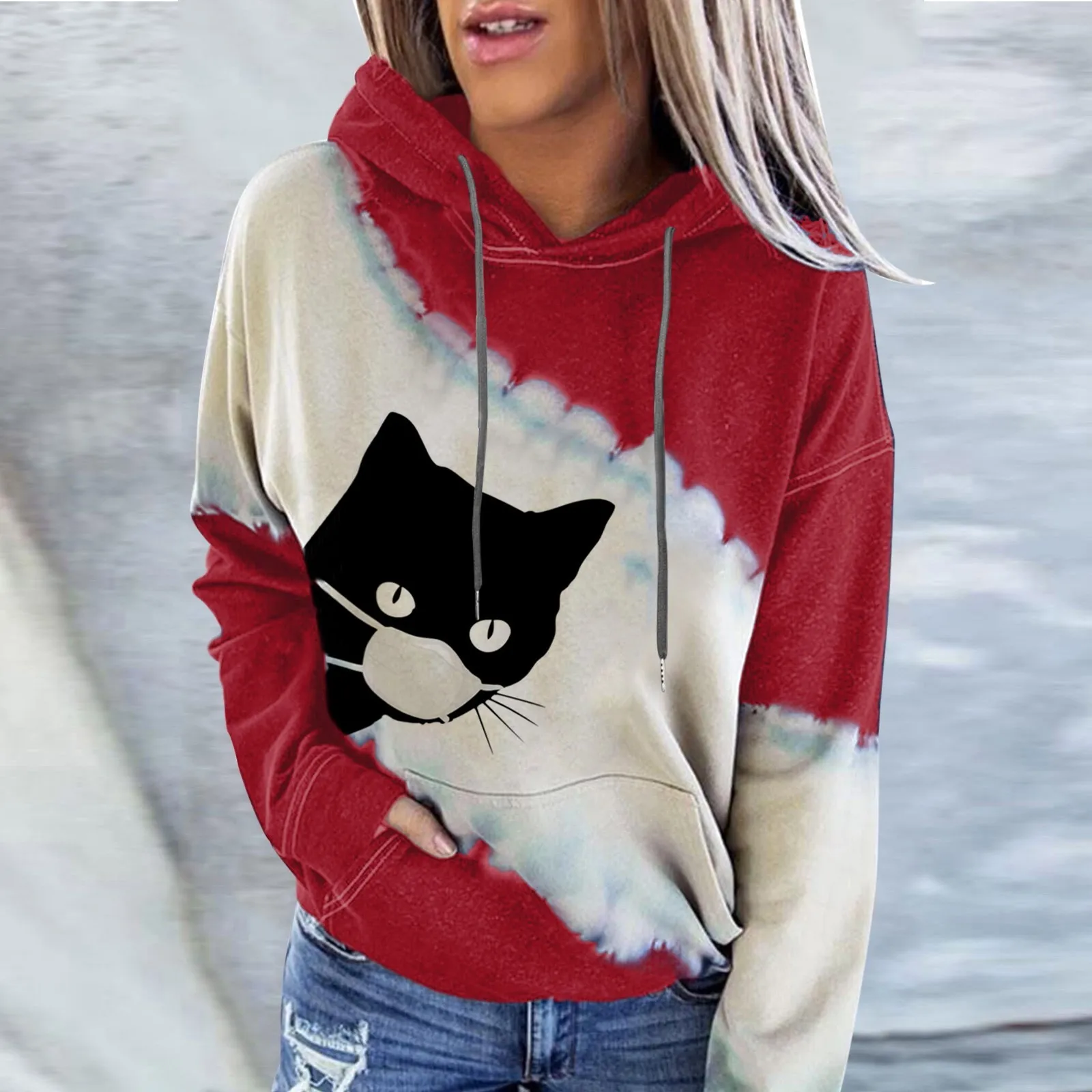 

Sweatshirt Zipper Hoodies Women Women's Casual Fashion Cat Splicing Printed Hooded Sweater Top Women French Tops